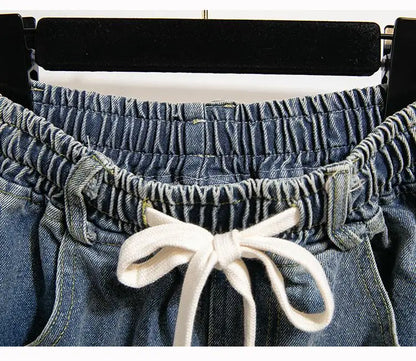 High Waist Wide Leg Cotton Denim Dstring Loose Fit Women's Autumn 2024 Slimming Effect Pure Cotton Casual Trousers