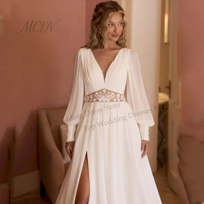 Bohemian Chiffon Wedding Dress Long Puff Sleeves Scoop Lace Waist A-Line Civil Bridal Gown Backless High Slit Customized