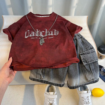 Korean Children's Summer Clothes Kids Set Outfits Boys 2026 Handsome Sleeveless&Short Sleeved T-shirt Denim Shorts 2-piece Set