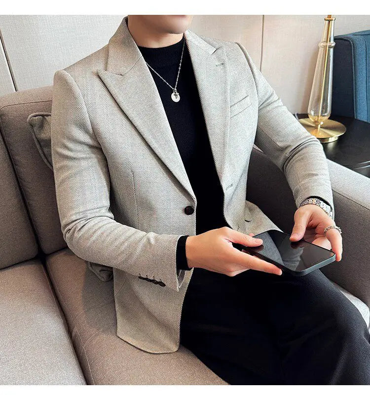 Men's Herringbone Stripe Suit Blazer Classic Lapel Dress Jacket Elegant Slim Fit Fashion Simple Casual Business Prom Suit Jacket