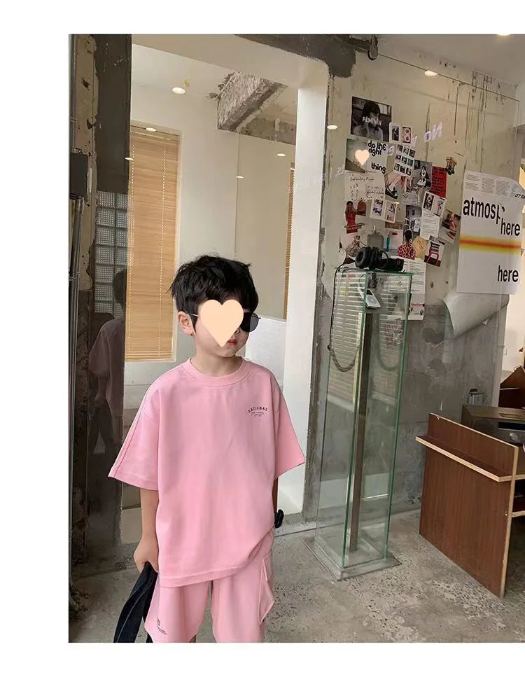 Summer Casual Boys Cotton Loose Alphabet T-shirt Tops+Short Pants Set School Kids Tracksuit Children 2-Piece Outfit Suit 2-14Yrs
