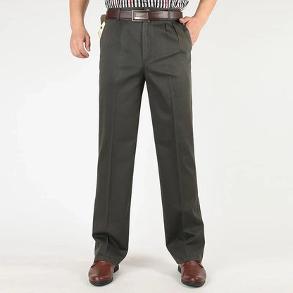 High Waist Double Pleated Warm Thick Fleece Winter Casual Pants Men Loose Straight  Cotton Office Trousers Plus Size 42 44 46
