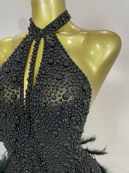 Women Luxury Rhinestones Pearls Feathers Halter Backless Short Dress Women Sexy Celebrate Birthday Dress Nightclub Stage Costume