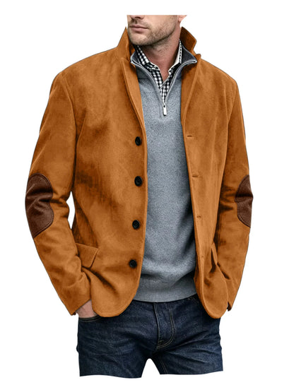Vintage Men's Suede Blazer Notch Lapel Elbow Patches Slim Fit Jacket Business Casual Men Fashion Outerwear for Spring Autumn