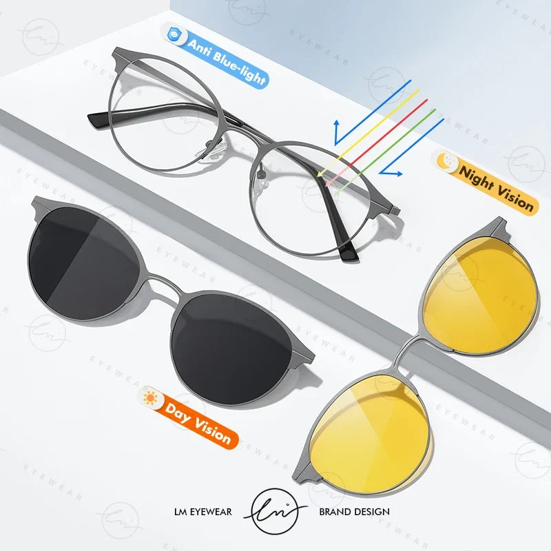 Magnetic Sunglasses Men Women Polarized Clip On Sun Glasses Frame Vintage Multifunctional lens Day Night Vision Eyewear UV400