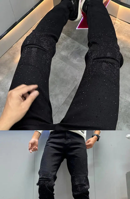Korean Luxury Clothing Hot Diamonds Cowboy Pants Men 2025 Black Men's Slim HOLE Jeans Spring Autumn Denim Distressed Trousers