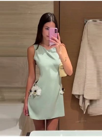 Women's Round Neck Solid Sleeveless Dress Sexy Waist Side Cut-outs Slim Mini Skirt Female New Date Commuter Party Clothes