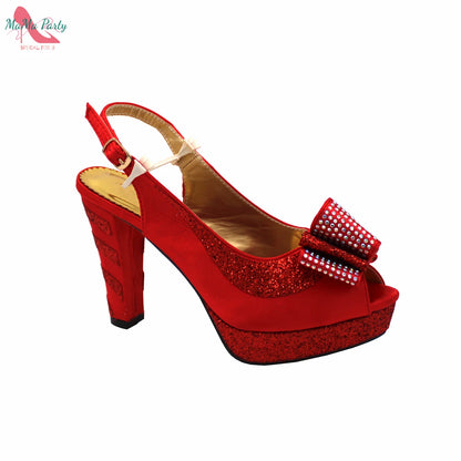 2025 Red Elegant Style Italian Women Shoes Matching Hand Bag Set  Slingbacks Sandals with Platform for Party