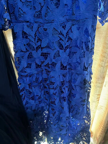 Sexy Lace Hollow High Low Long Formal Plus Size Dress With Short Sleeves Royal Blue