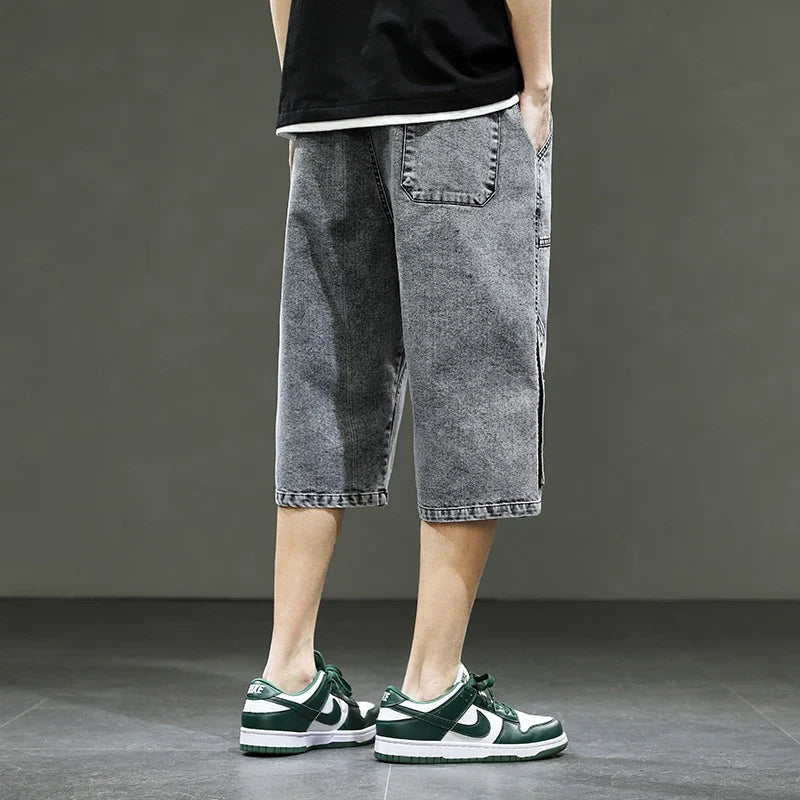 Korean Style Summer Men's Black Wide Leg Denim Shorts New Fashion Casual Baggy Short Jeans Male Plus Size 6XL 8XL YBR602