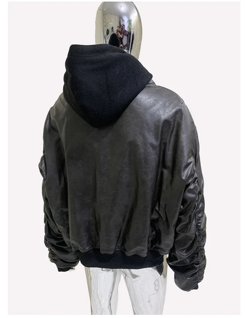 Spring Oversized Vintage Black Faux Suede Leather Jacket Men Zipper Fake 2 Piece Luxury Designer Clothes Hoodie 2024
