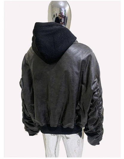 Spring Oversized Vintage Black Faux Suede Leather Jacket Men Zipper Fake 2 Piece Luxury Designer Clothes Hoodie 2024