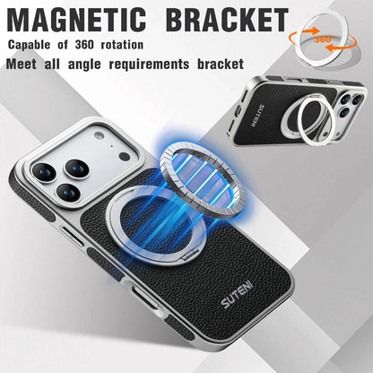 Faux Leather Magnet Wireless Charging Phone Case 360° Rotating Stand Ring Buckle Frosted Feel For iPhone 17 Pro Max 16 15