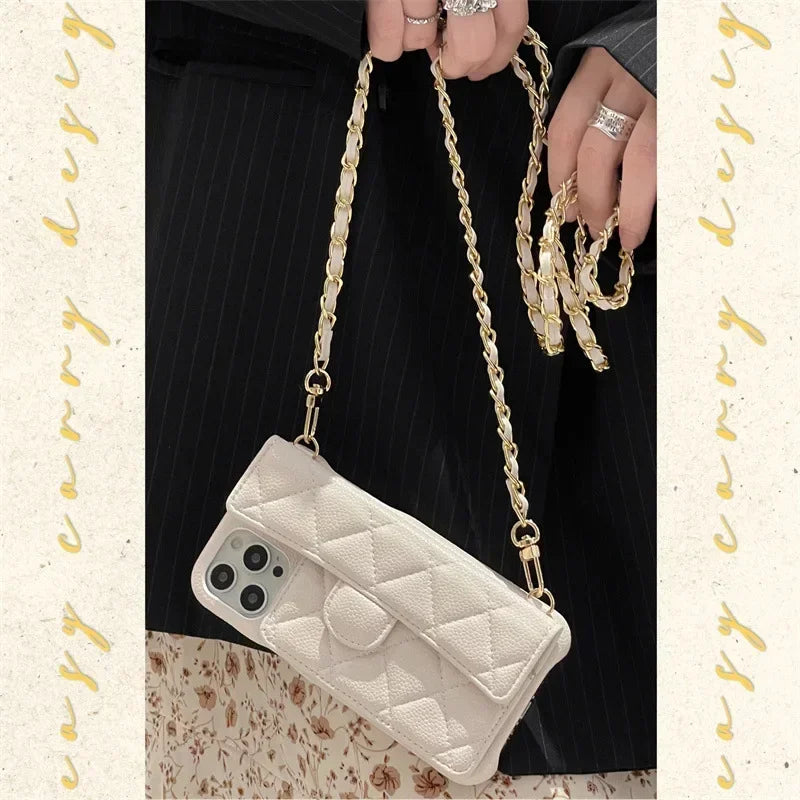 Crossbody Lanyard Wallet Phone Case For iPhone 15 14 13 16 Pro Max Card Holder Necklace Chain Luxury  Leather ( NO LOGO)