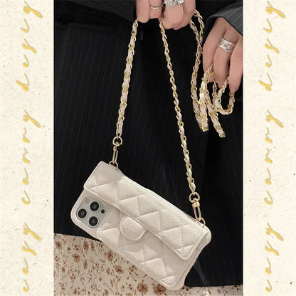 Crossbody Lanyard Wallet Phone Case For iPhone 15 14 13 16 Pro Max Card Holder Necklace Chain Luxury  Leather ( NO LOGO)