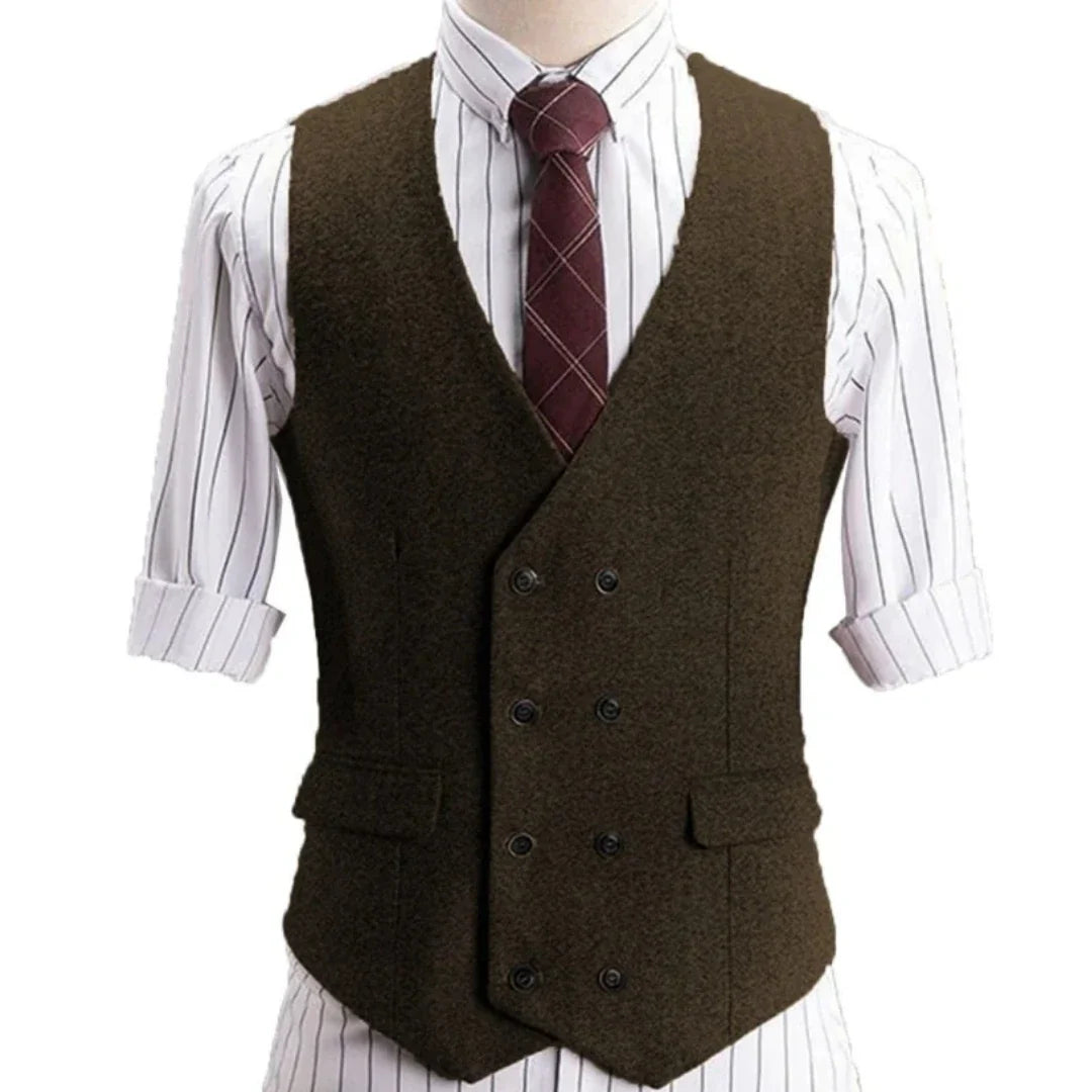 Men Vest Khaki Herringbone Double Button Solid Waistcoat For Wedding Banquet Business Office Work Casual Daily Men Suit Vest