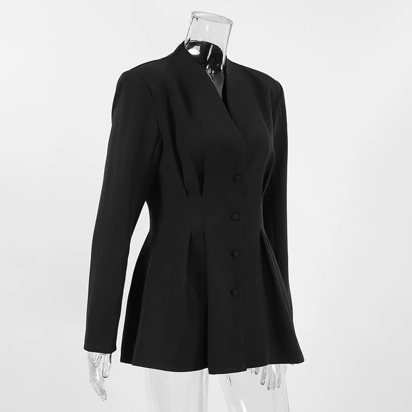 Elegant V-neck Tunics Black Suit 2026 Spring Women's Long Sleeve Single Breasted Slim Blazers Ruched Outerwear Streetwear
