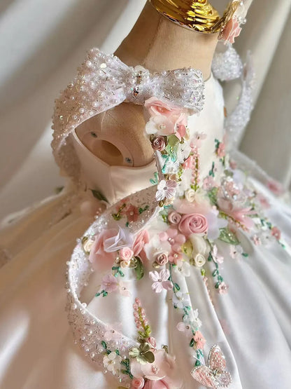 Flower Girl Dress Satin 3D Floral Embellished Ball Gown Wedding Gown First Christmas Party Dress For Girlsفساتين اطفا