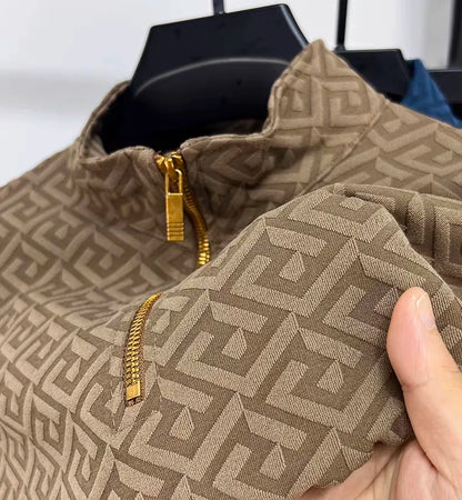 High end brand fashion jacquard long sleeve T-shirt men's casual sweater autumn trend Korean style half zipper collar pullover