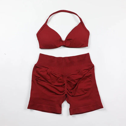 Scrunch Seamless Yoga Set Women Sportswear Ribbed Gym Shorts Strappy Sports Bra 2 Piece Set Halter Workout Clothes Fitness Suit