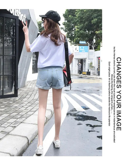High-Waist Cuffed Denim Shorts Women Summer Korean Style Student Loose Slimming Outerwear A-Line Wide Leg Hot Pants Y2K Shorts