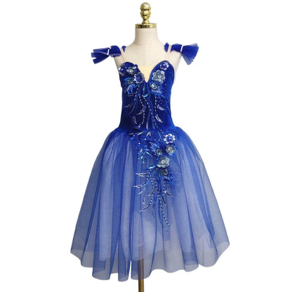 Long Ballet Tutu Skirts Blue 3d Flower Dress Performance Costumes Princess Dance Practice Romantic Dress