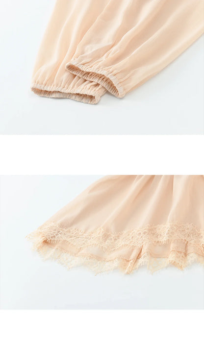Women's French Style Beige Sheer Chiffon Blouse V Neck Lace Trim Elastic Waist Peplum Top For Spring Summer MXF16T1588