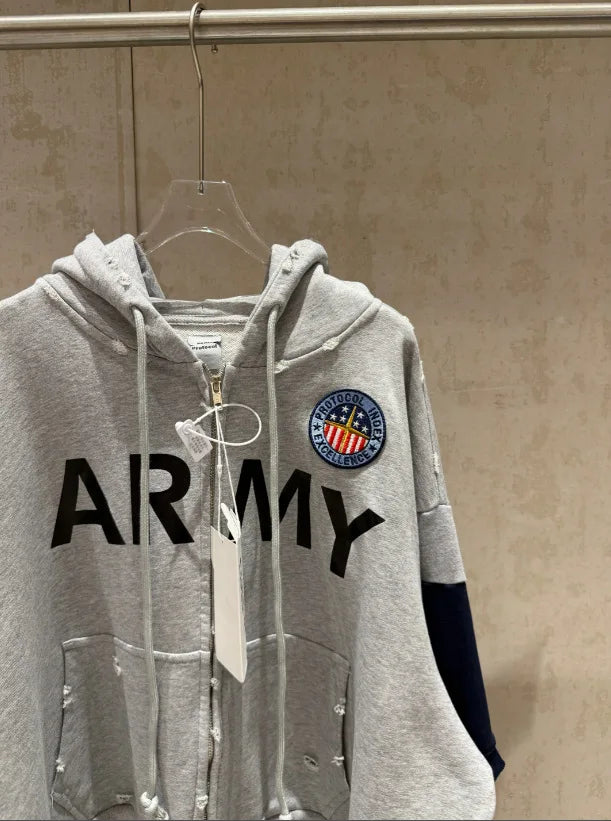2026 Patchwork ARMY Vintage Damaged Cardigan Pullover Men Women Best Quality Hoodie