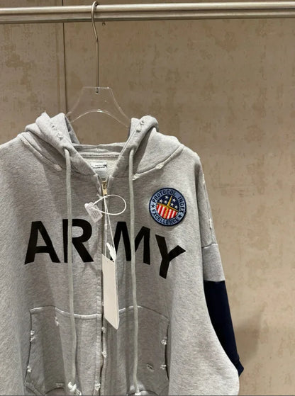 2026 Patchwork ARMY Vintage Damaged Cardigan Pullover Men Women Best Quality Hoodie