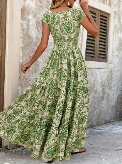 2026 Vintage Printed Dress Fashionable and Elegant V-Neck Short-Sleeved Jumpsuit Long Skirt Women's Clothing