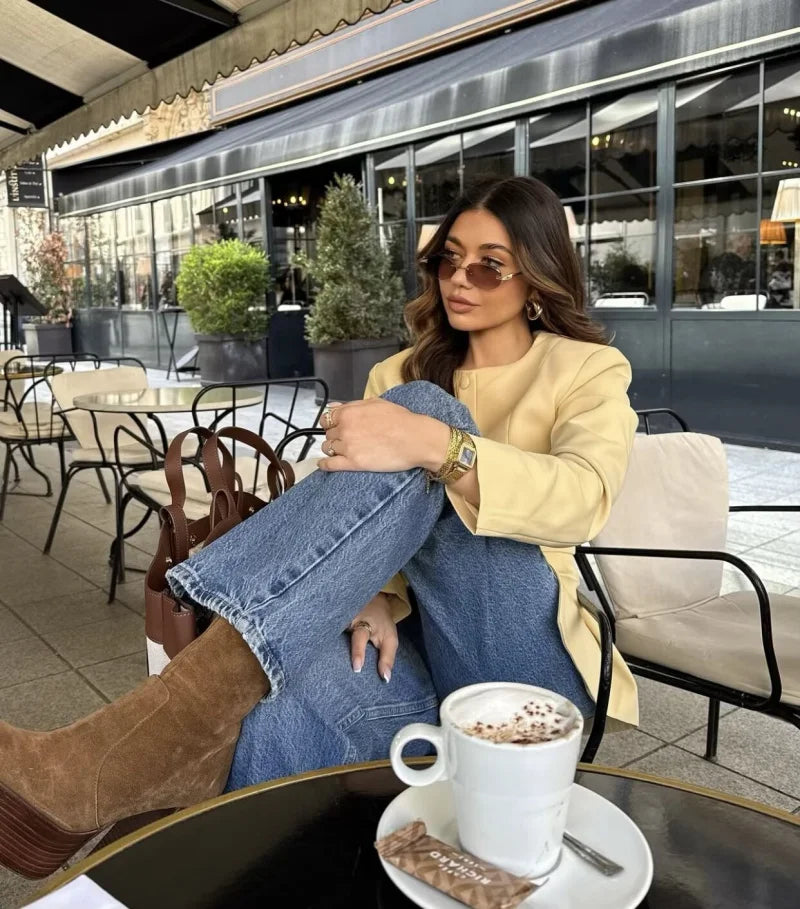 2025  women's new elegant fashion retro round neck cut waist slit long-sleeved casual suit jacket