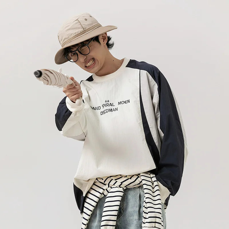 Japanese-inspired Color-blocked Crew Neck Sweatshirt with Patchwork Design: Men's Spring/Autumn Outdoor Leisure