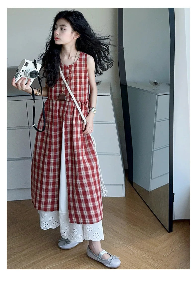Summer Girls Retro Red Plaid Vest Dress 2-Piece Set Thin French Style Strappy Sundress Casual Vacation Outfit Teen Kids Clothes