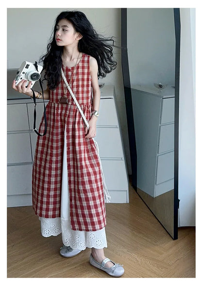 Summer Girls Retro Red Plaid Vest Dress 2-Piece Set Thin French Style Strappy Sundress Casual Vacation Outfit Teen Kids Clothes