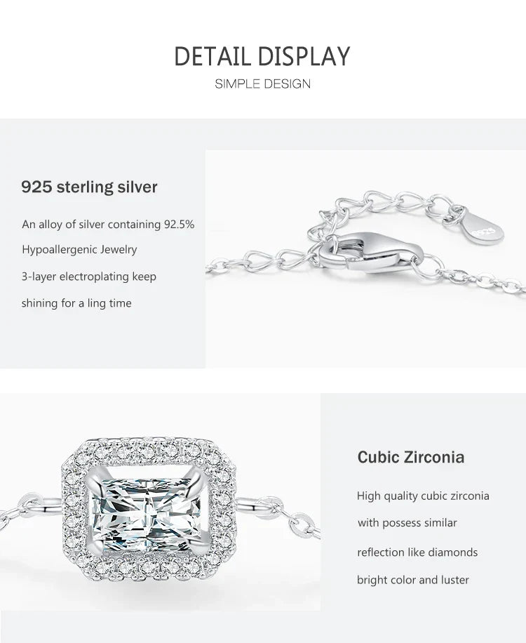 925 Sterling Silver Luxury Dazzling Rectangle1Ct Zirconia Link Chain Charm Bracelet For Women Wedding Engagement Jewelry