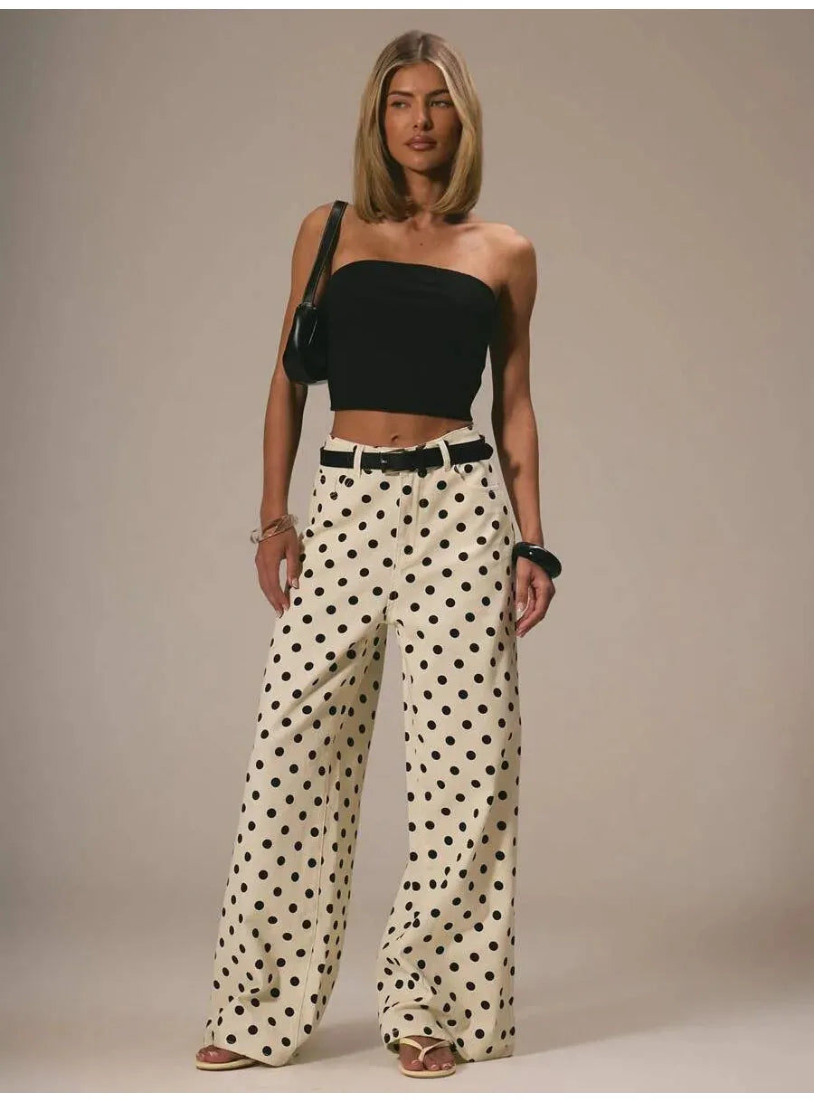 Spring Autumn High Wasit Jeans Pants Women 2026 Fashion Vintage Polka Dot Print Wide Legging Denim Trousers Bottoms Casual