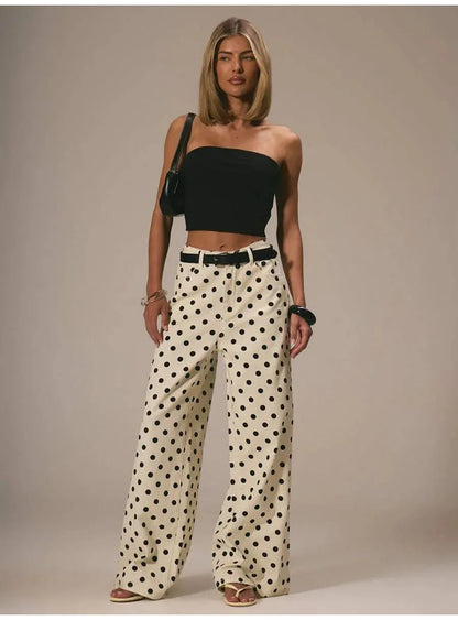 Spring Autumn High Wasit Jeans Pants Women 2026 Fashion Vintage Polka Dot Print Wide Legging Denim Trousers Bottoms Casual