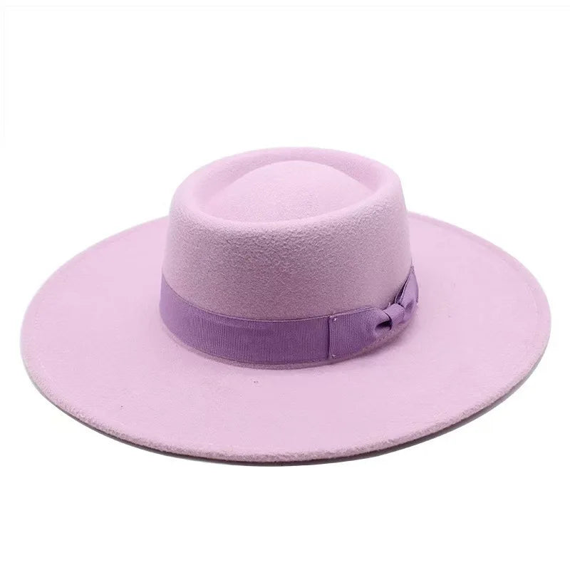 9.5cm Brim Round Top Hat Solid Color Fedoras Bow Flat Top Boater Style Panama Hats for Women Men Party Wedding Church Felt Caps