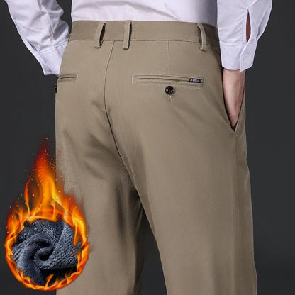 97% Cotton Straight Velvet Casual Pants Men Stretch Loose Classic Business Warm Trousers High Quality Winter Thick Fleece Pants