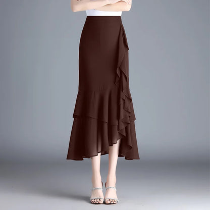 Fashion Irregular Fishtail Chiffon Skirts Elegant High Waist Summer Luxury Party Skirt Female Ruffles Long Skirts