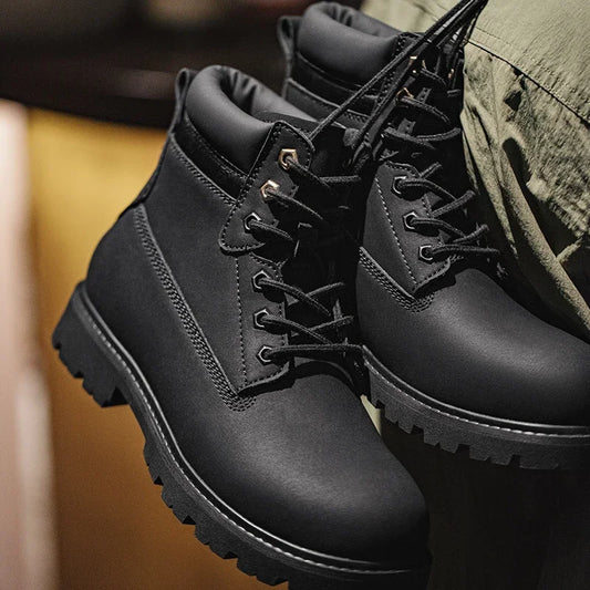 Men's Versatile Black Boots Plush Lining Warmth Shoes Retro Non-Slip Thick Sole Work Boots Outdoor Casual Mid-Calf Boots