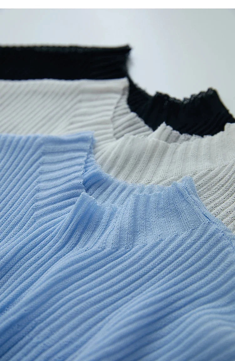 Women Top Minimalist Summer New Solid Color Mock Neck Sleeveless Slim Elastic Double Curved Yarn Knitted Camisole 12542249