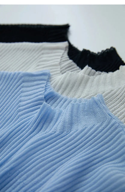 Women Top Minimalist Summer New Solid Color Mock Neck Sleeveless Slim Elastic Double Curved Yarn Knitted Camisole 12542249