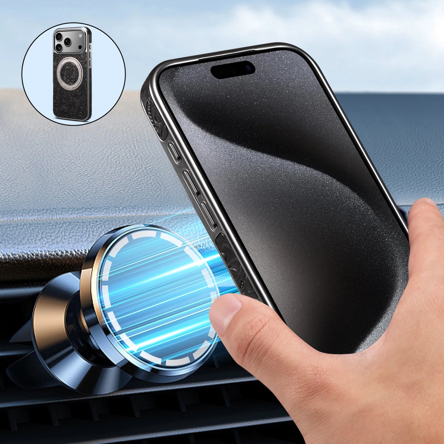 Denior is suitable for iPhone 17/16/15/14/13 Air Pro Max retro printed genuine leather 360 ° rotating bracket phone case