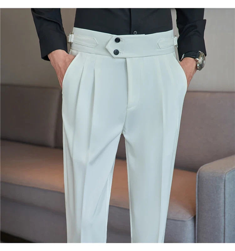 British Style Autumn New High Waist Trousers Men Belt Design Slim Fit Suit Pants Office Social Wedding Party Formal Pants Hommes