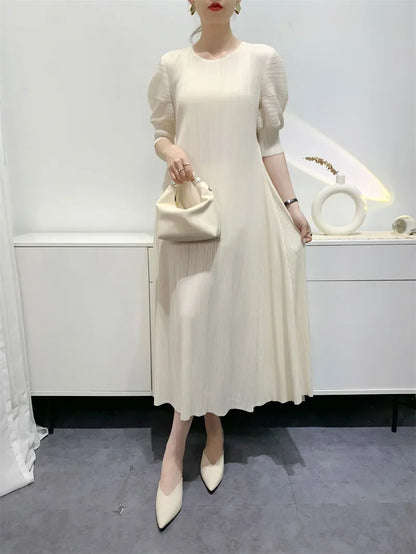 Miyake Pleated Dress 2024 Summer New Round Neck Loose and Comfortable A-line Short Sleeve Maix Dress