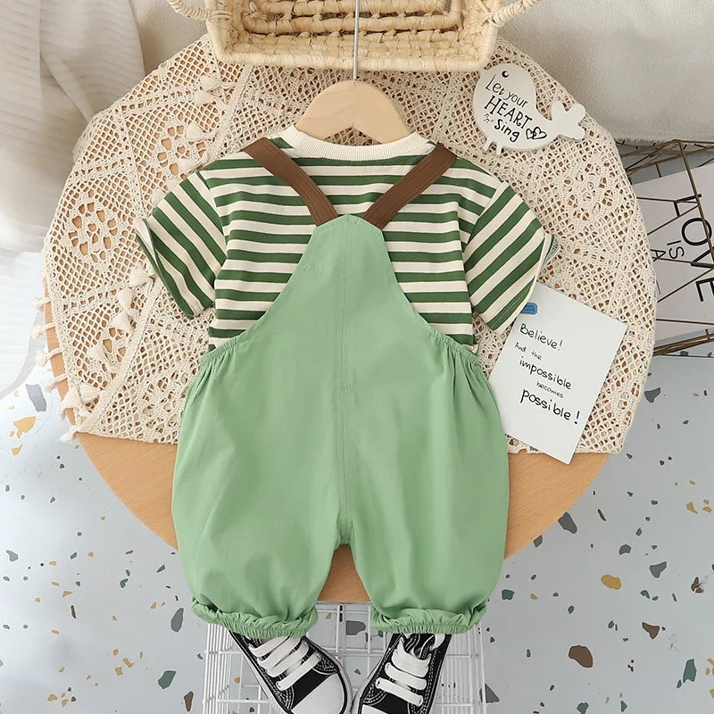 New Kids Baby Boys Girls Clothes For Summer Children Cartoon Striped T-Shirt Bib Pants 2Pcs/Set Toddler Fashion Tracksuits
