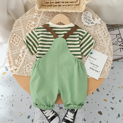 New Kids Baby Boys Girls Clothes For Summer Children Cartoon Striped T-Shirt Bib Pants 2Pcs/Set Toddler Fashion Tracksuits