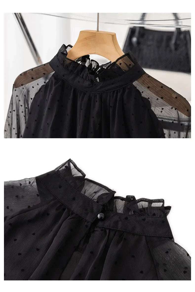 Spring Summer Black Polka Dots Mesh Women's Chiffon Blouses 2025 New Long Sleeve Stand Collar Vintage Loose Shirts Female