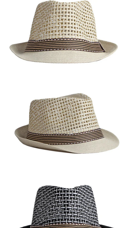 Men's Hats Summer Breathable Straw Small Top Hat Women's Sun Protection Beach Hat British Retro Jazz Cap Mesh Fedora Black Hat